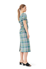 Seersucker Check Gathered U-neck Midi Dress