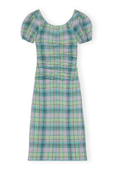 Seersucker Check Gathered U-neck Midi Dress