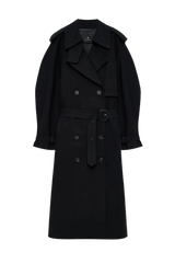 Pascale Maxi Trench fra ANINE BING, sort trenchcoat med dobbeltspent front og knytebelte. Sett forfra. 