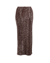 byTiMo Beaded Midi Skirt i brunt med glitrende paljetter, sett forfra.