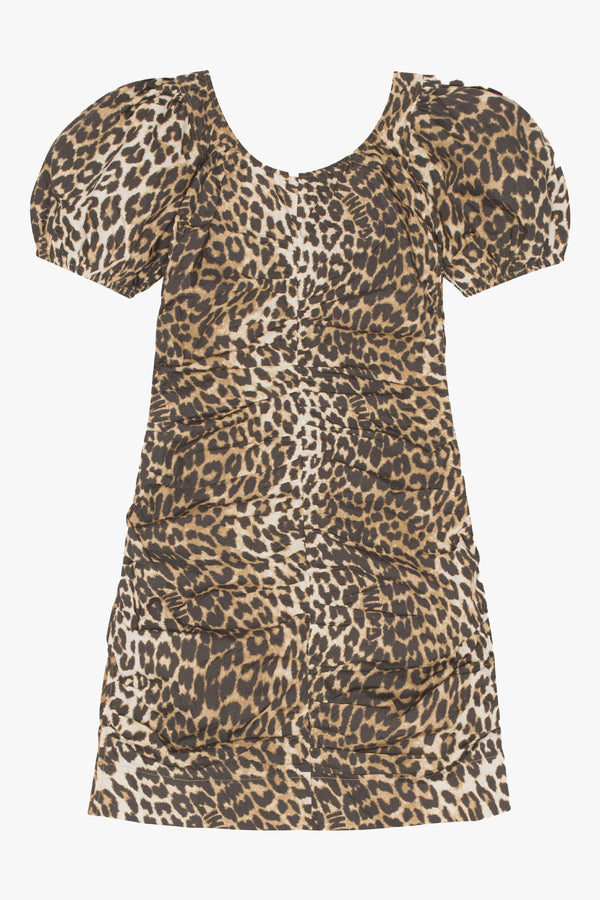 Printed Cotton Gathered U-neck Mini Dress