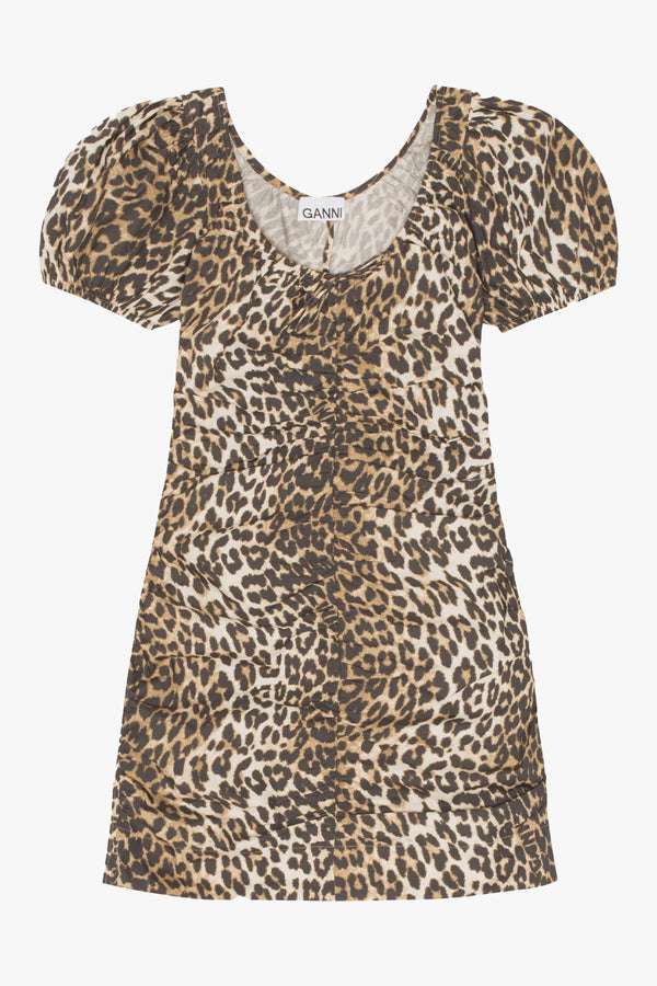 Printed Cotton Gathered U-neck Mini Dress