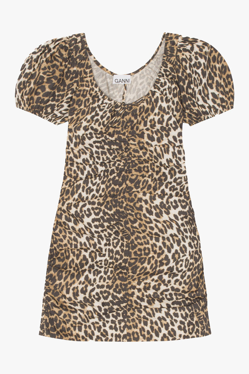 Printed Cotton Gathered U-neck Mini Dress