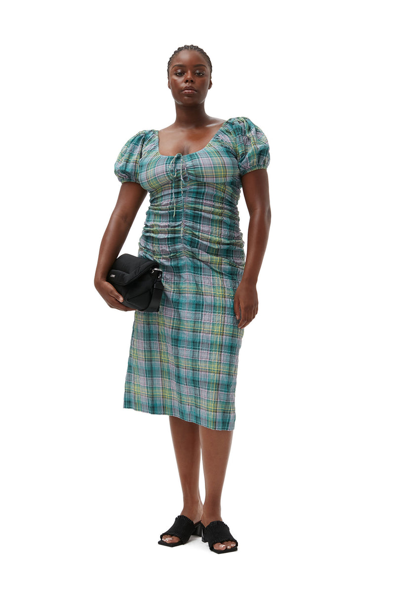 Seersucker Check Gathered U-neck Midi Dress