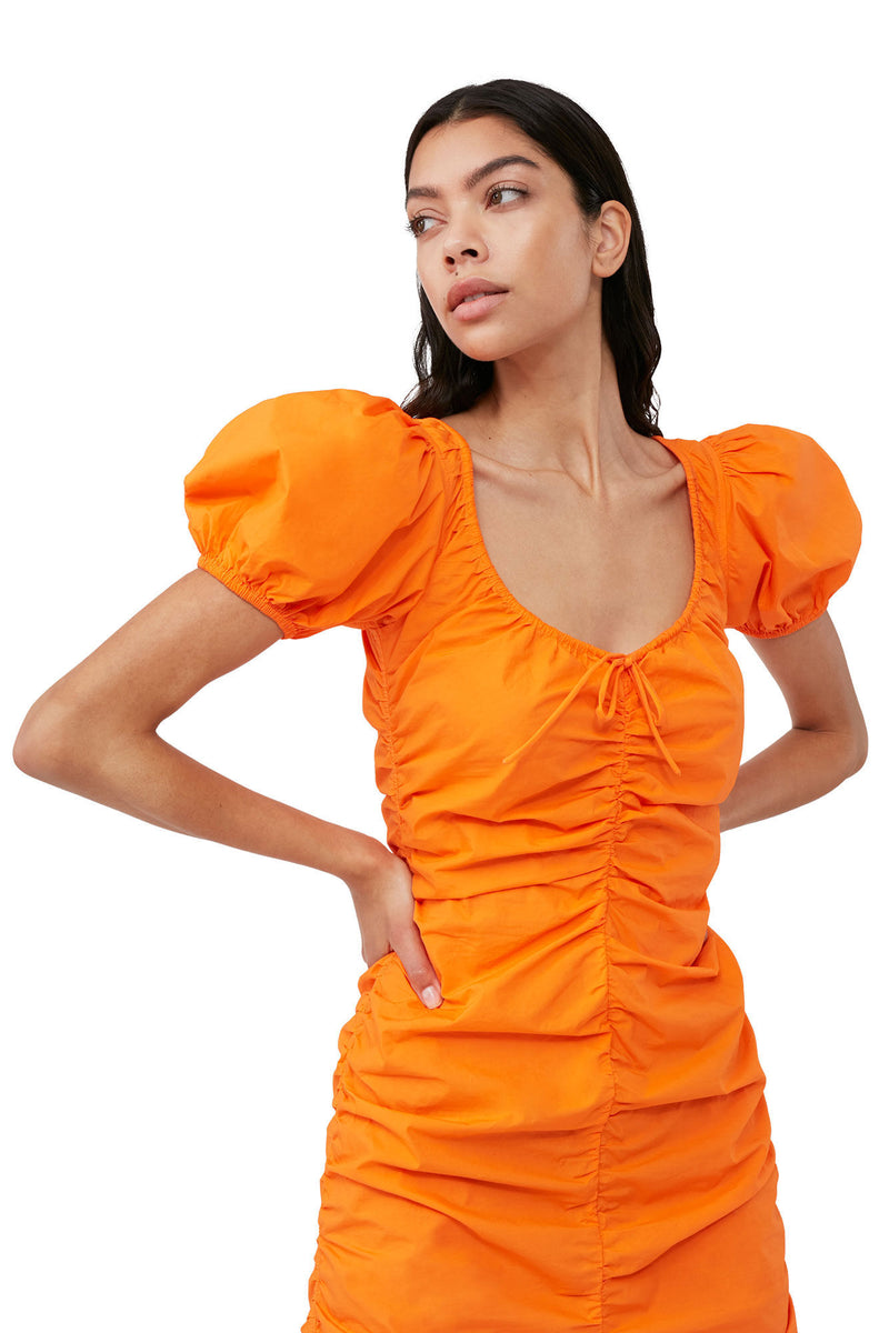 Cotton Poplin Gathered U-neck Mini Dress