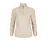 Amundsen Deck Half Zip i warm sand, sett forfra med ribbestrikket krage, halv glidelås og norgesreima-detalj på mansjett