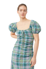 Seersucker Check Gathered U-neck Midi Dress