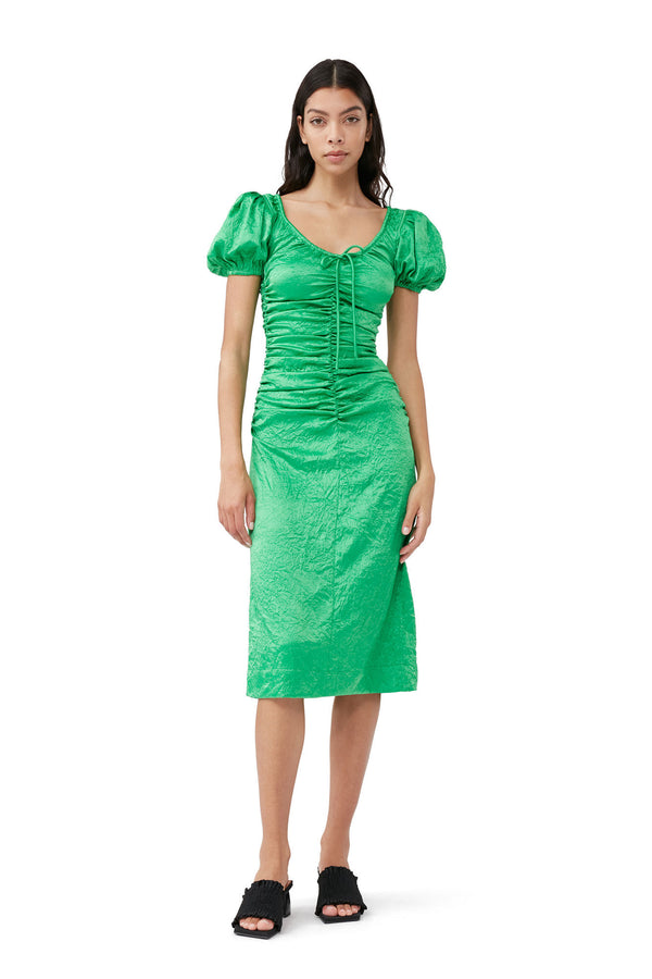 Crinkled Satin Gathered U-neck Midi Dress