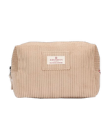 Amundsen Wash Bag Corduroy i desert, sett forfra med Amundsen-merkelapp og glidelås på siden
