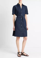 Cuffed-Sleeve Belted Shirt Dress