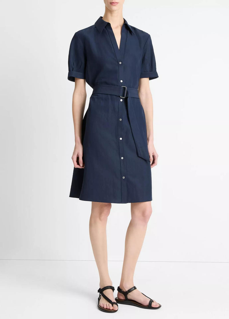 Cuffed-Sleeve Belted Shirt Dress