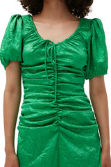 Crinkled Satin Gathered U-neck Midi Dress