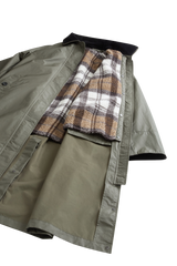 Woolrich Waxed Coat i olivengrønn med mørk krage, sett forfra.