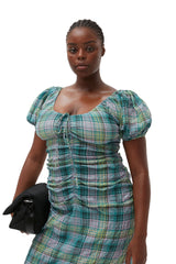 Seersucker Check Gathered U-neck Midi Dress