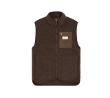 Amundsen Heroes Wool Fleece Vest Womens i cowboy-brun sherpa, sett forfra med vokset lin-brystlomme og hel glidelås