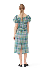 Seersucker Check Gathered U-neck Midi Dress