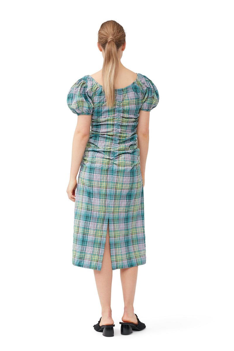 Seersucker Check Gathered U-neck Midi Dress