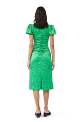 Crinkled Satin Gathered U-neck Midi Dress