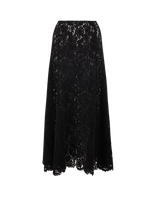 byTiMo Lace Velvet Skirt i sort med blomstermønstrede blonder og bølget kant, sett forfra.