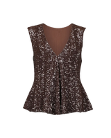byTiMo Beaded V-Neck Top i sjokoladebrunt med paljetter og V-hals, sett forfra.