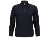 Forfra – mørkeblå merinoull-genser med half-zip og Amundsen-badge på ermet
