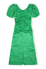 Crinkled Satin Gathered U-neck Midi Dress