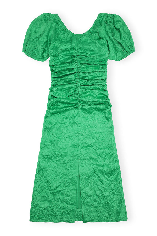 Crinkled Satin Gathered U-neck Midi Dress