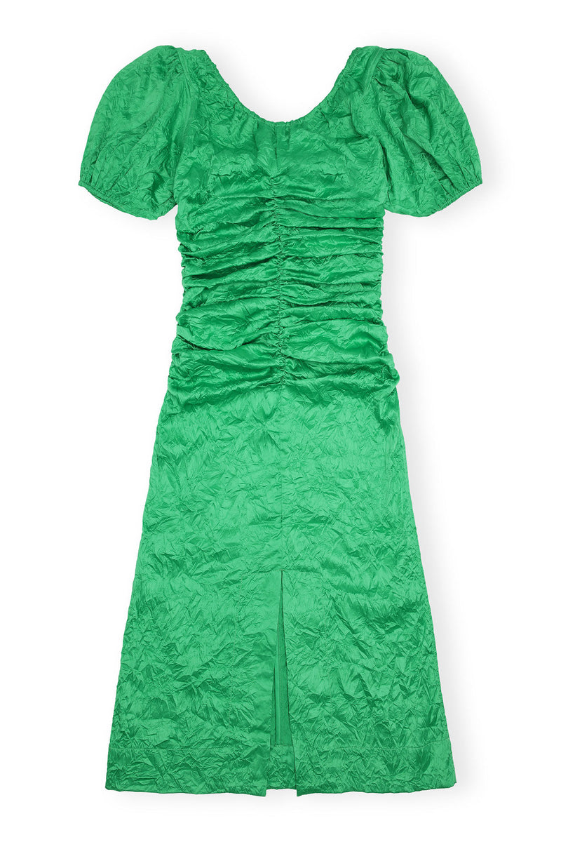 Crinkled Satin Gathered U-neck Midi Dress
