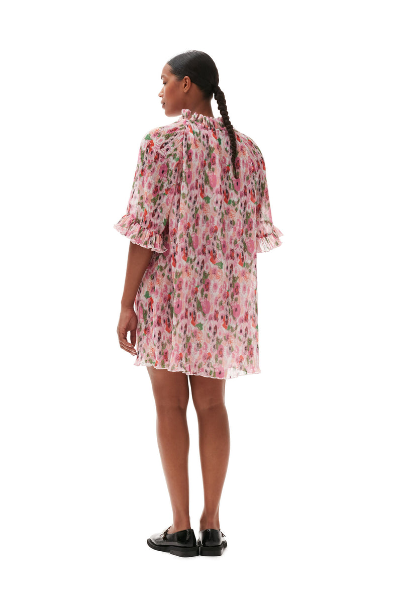 Pleated Georgette Ruffle V-neck Mini Dress