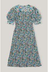 Pleated Georgette V-neck Smock Midi Dress